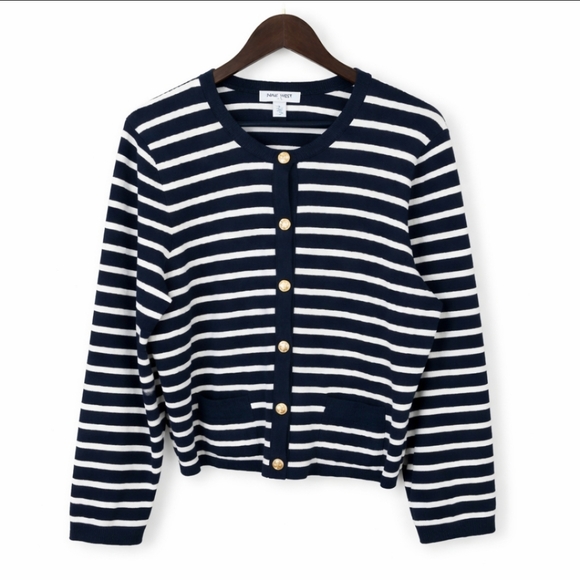 Nine West Sweaters - Nine West Navy Striped Gold Button Up Cardigan Sz XL